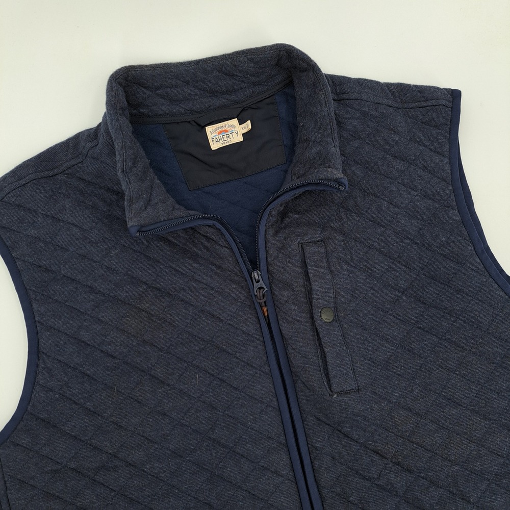 Faherty Quilted Vest Mens 2XL Cotton Blend Navy Blue Solid Diamond Stitch Zip